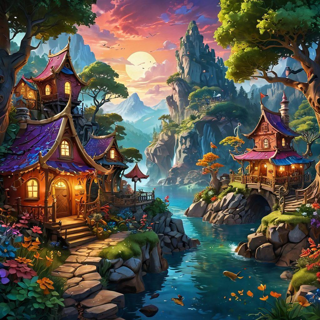 A fantastical landscape showcasing a vibrant, imaginative world filled with diverse, colorful characters inspired by Erikson's narrative style. Include lush settings, mystical elements, and characters in dynamic poses, interacting with their environment, emphasizing storytelling and creativity. The scene should radiate inspiration and magic, inviting viewers into a richly developed world. super-realistic. vibrant colors. 3D.