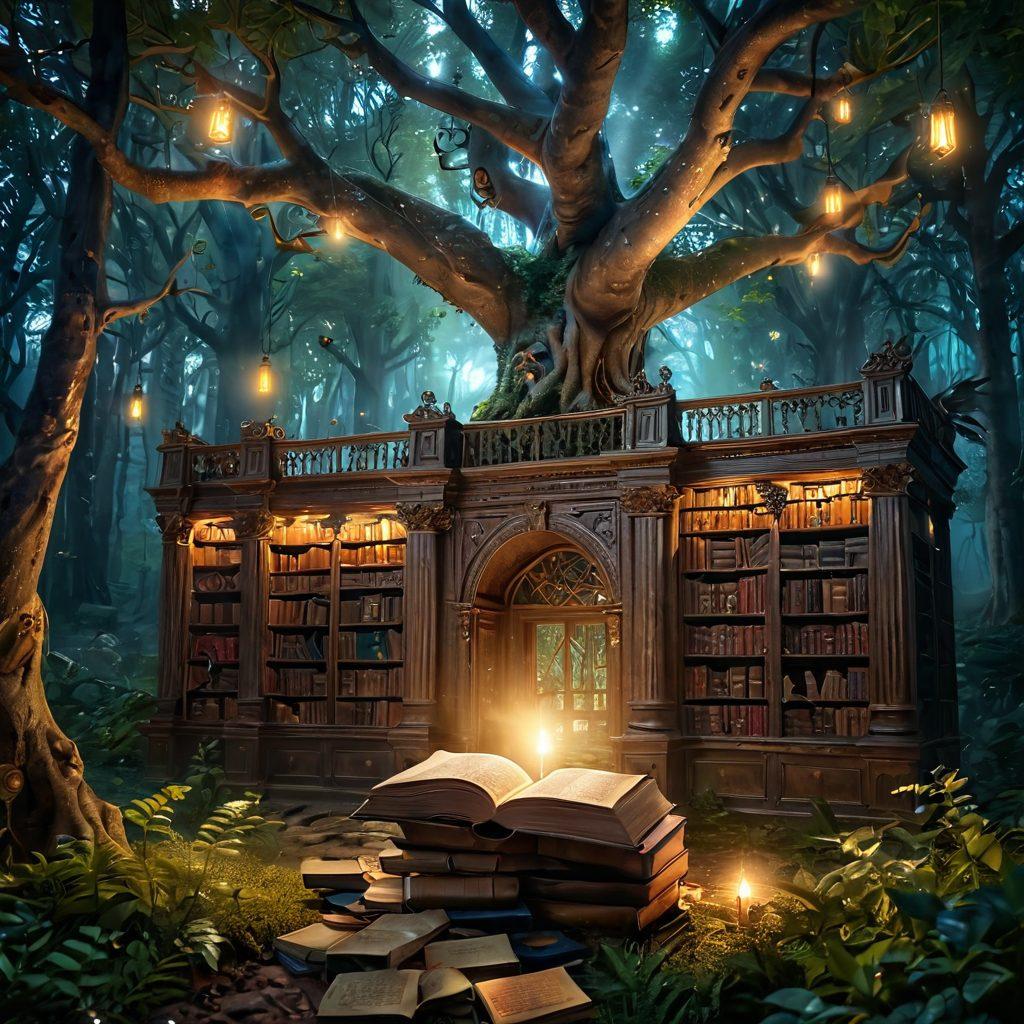 An enchanted landscape featuring a vast, ancient library within a mystical forest, books floating in the air, glowing magical symbols, and mythical creatures peeking through the trees. The scene is illuminated by ethereal light, creating a sense of wonder and exploration. super-realistic. vibrant colors. fantasy art.