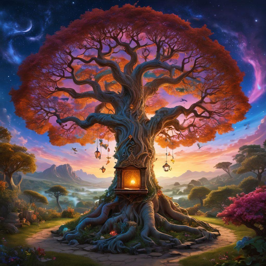 A whimsical fantasy landscape featuring a mysterious ancient tree with intricate carvings, symbolizing rich lore, entwined with twisting vines representing plot twists. Include a curious figure reading an enchanted tome beneath the tree, surrounded by magical glowing creatures. The sky should be filled with vibrant, swirling colors to evoke a sense of wonder and adventure. fantasy art. vibrant colors. magical atmosphere.